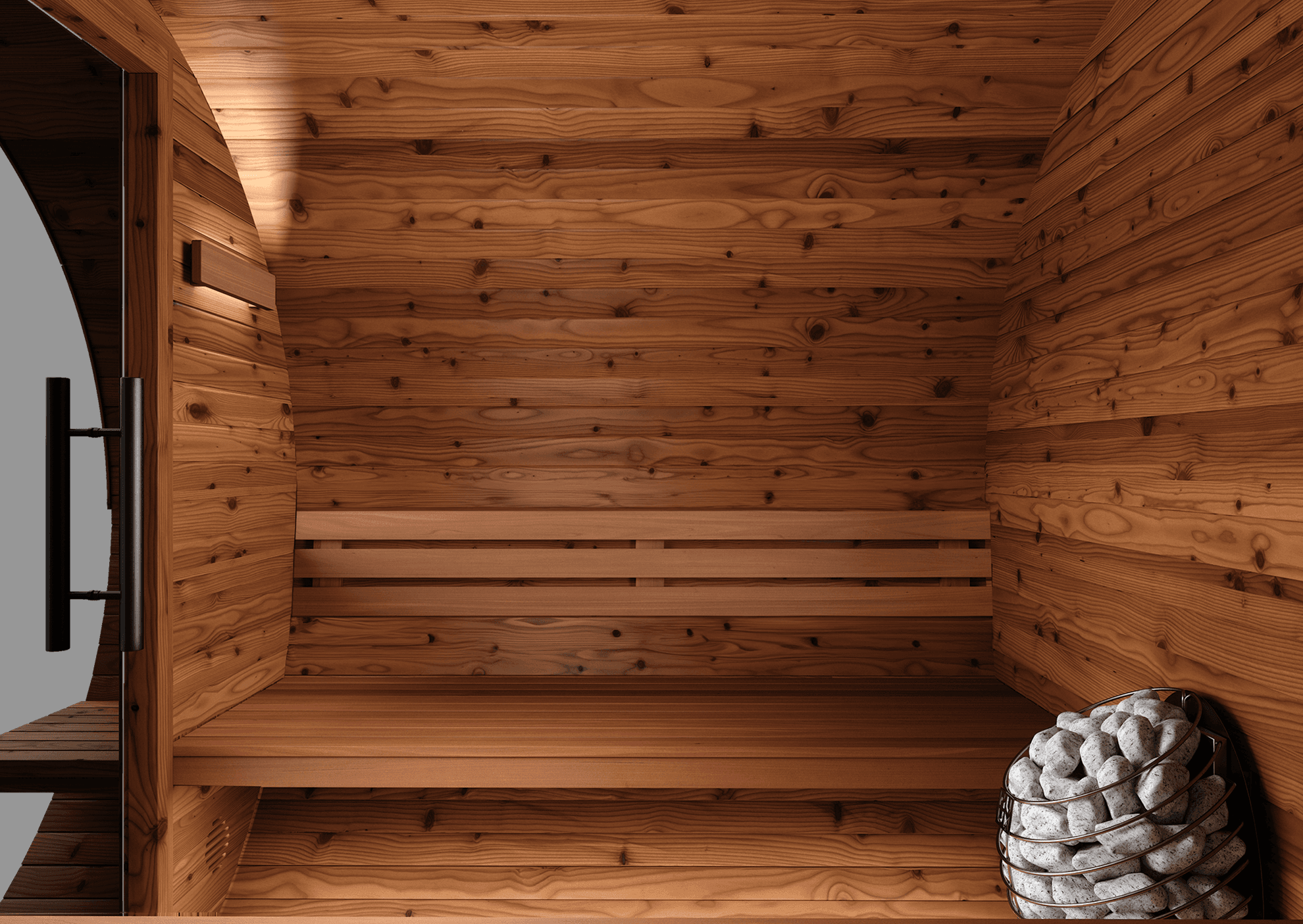 Barrel Sauna in door side view2
